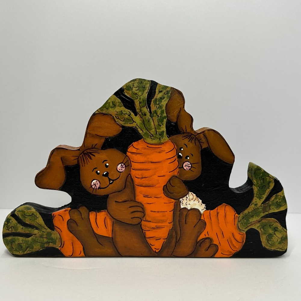 Hand Painted Wood Bunny Rabbit Carrot Shelf Sitter 5" Signed Easter Spring Decor